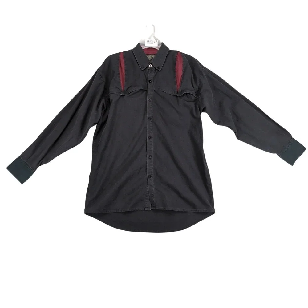 Vintage 90s Dusty Road Black Western Rodeo Shirt Mens L Hidden Pockets Cowboy